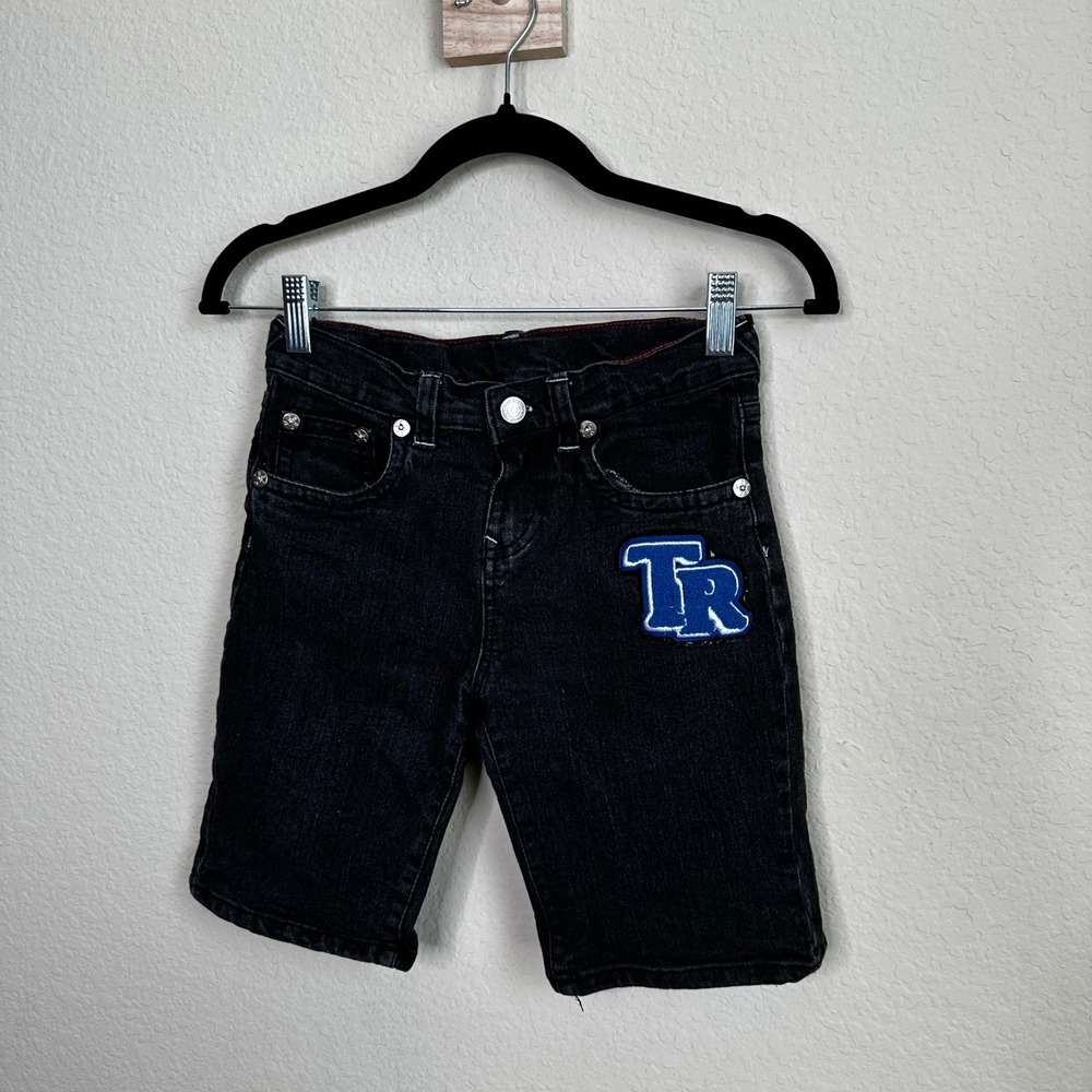 True Religion Boys Black Denim Shorts Chenille TR Patch Horseshoe Size 12
